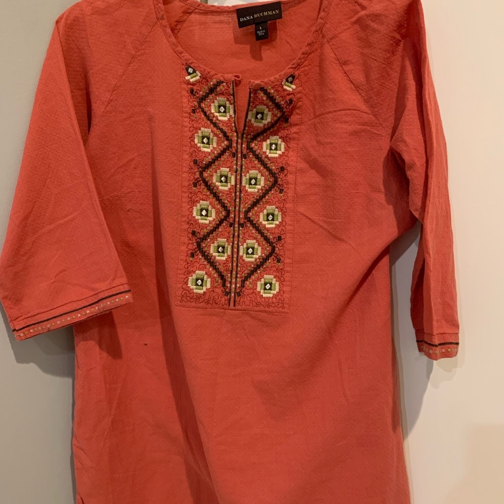 Dana Buchman Orange Embroidered Blouse L